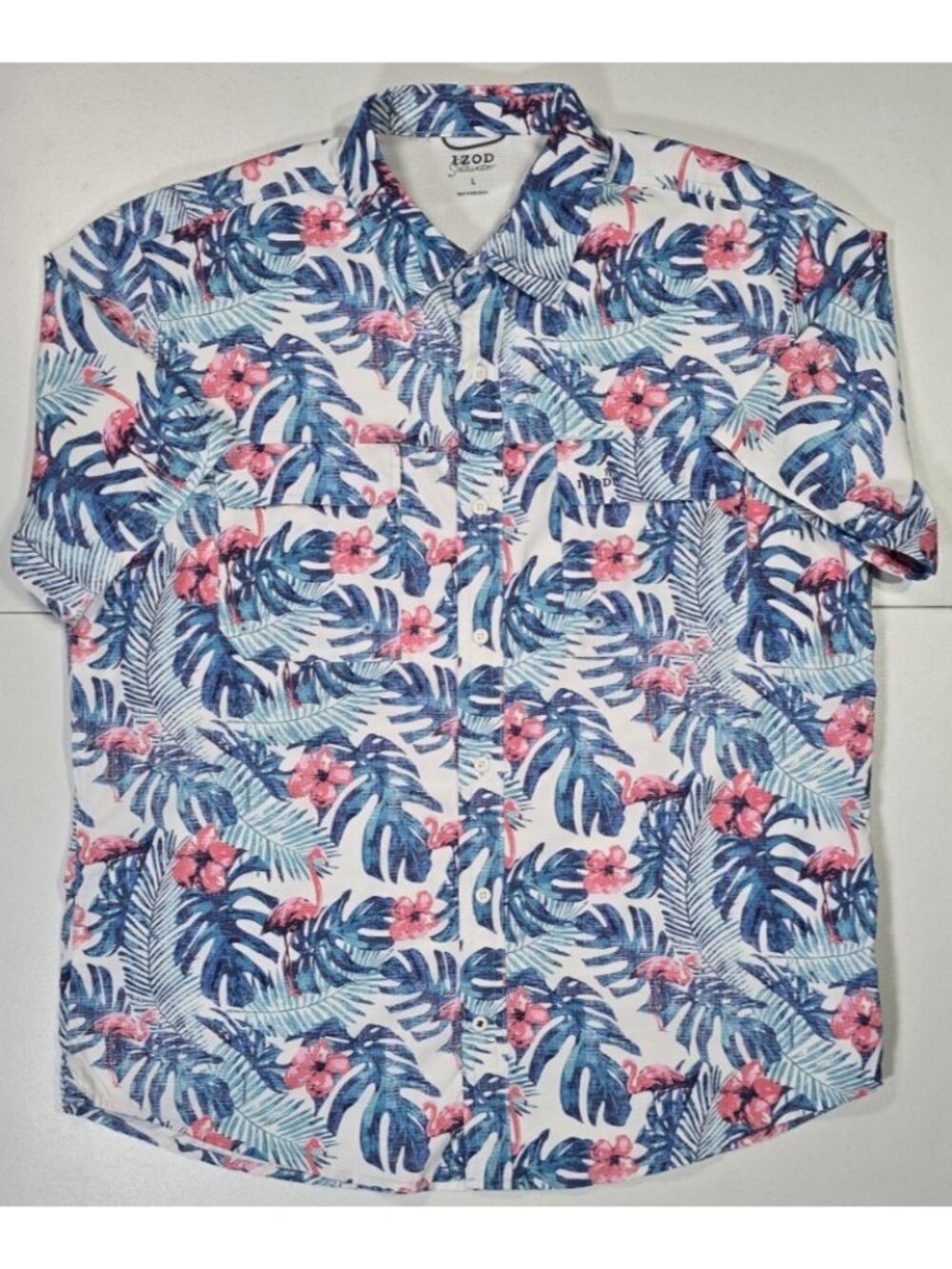 IZOD Saltwater Vented Short Sleeve Button Up Flamingos Hawaiian Shirt Men's L